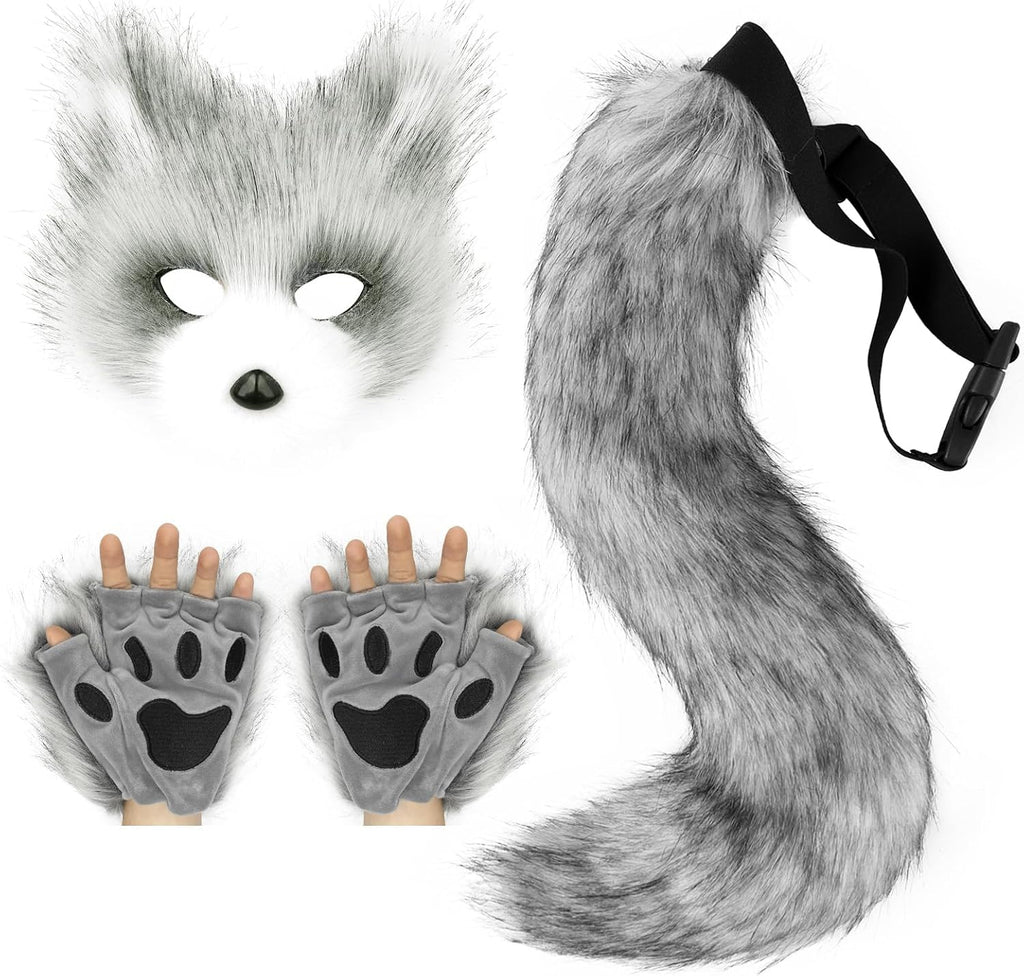 Adolala Faux Fur Fox Tail Cat Wolf Set Plush Mask Fluffy Paw Gloves Halloween Christmas Party for Women