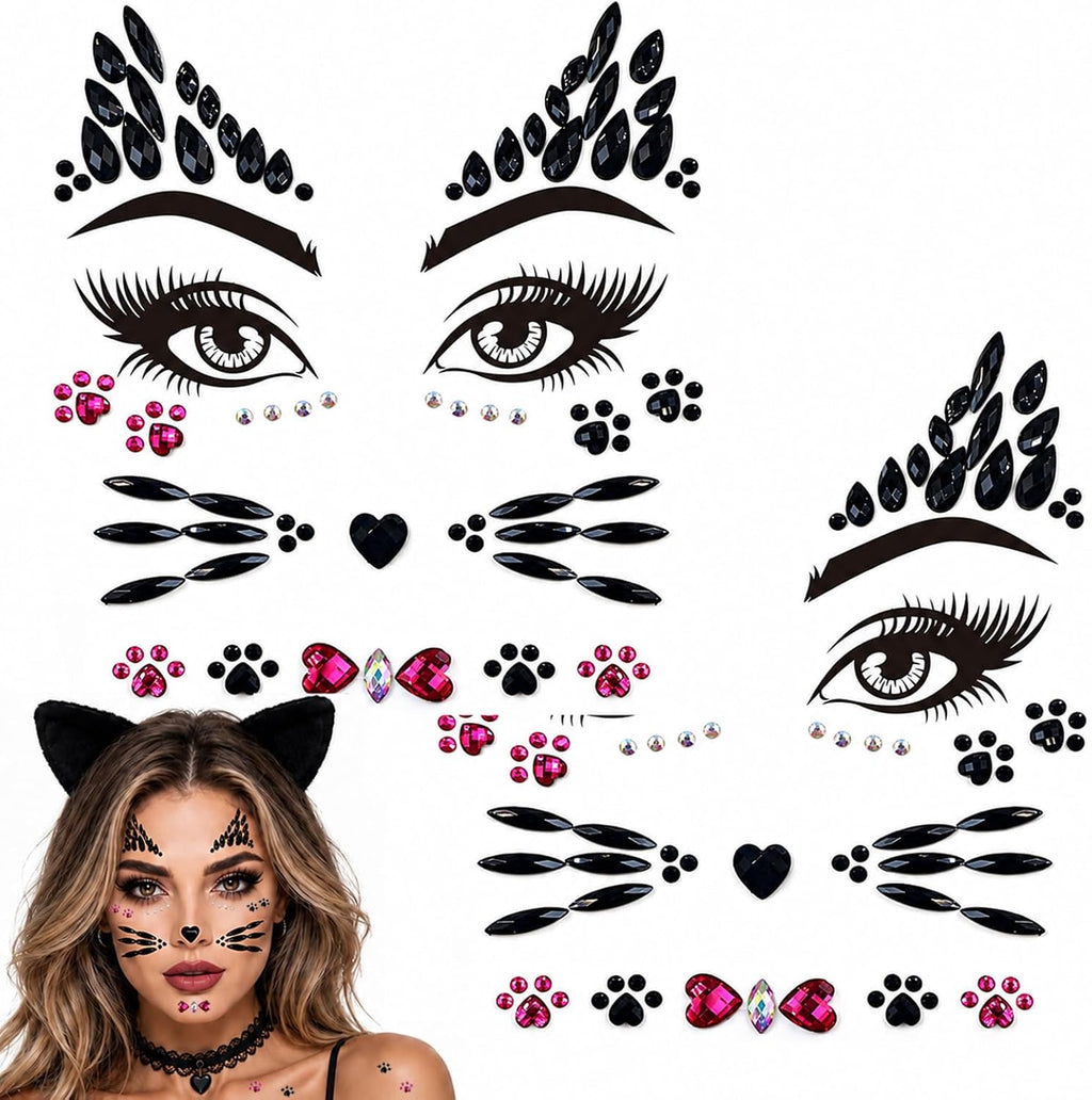 Voiiake Crystal Cat Face Gems Stickers, 2-Sheet Cat Print Gem Jewels, Black Cat Costume Women Accessories for Halloween Makeup