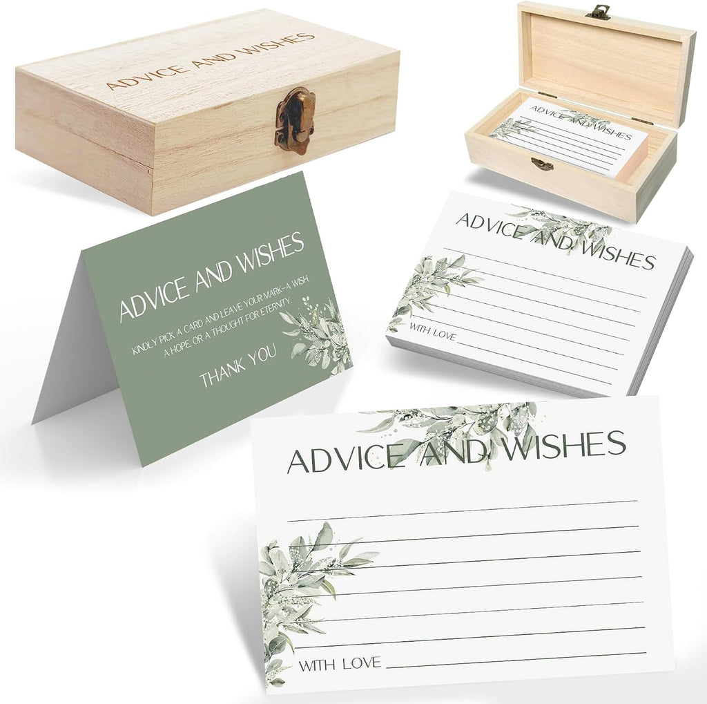 Eucalyptus Advice and Wishes for the Mr and Mrs, 60 Pack Wedding Cards with Keepsake Box for Bridal Shower