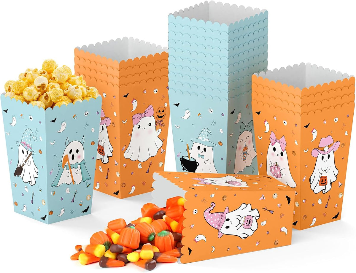 K KUMEED 24 PCS Halloween Popcorn Favor Boxes,Cute Ghost Popcorn Bowls Popcorn Buckets Candy Bags Boo Theme Cookie Container for Kids Halloween Party Supplies (Blue&Orange)