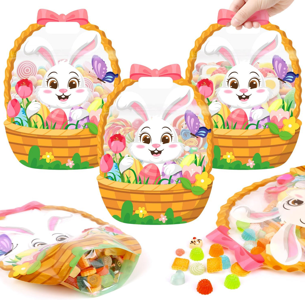 FOIMAS 50pcs Easter Gift Bags Plastic Easter Goodie Bags with Handles Ziplock Bunny Basket Resealable Candy Bag for Holiday Party Candy Gifts Supplies Decoration Favor