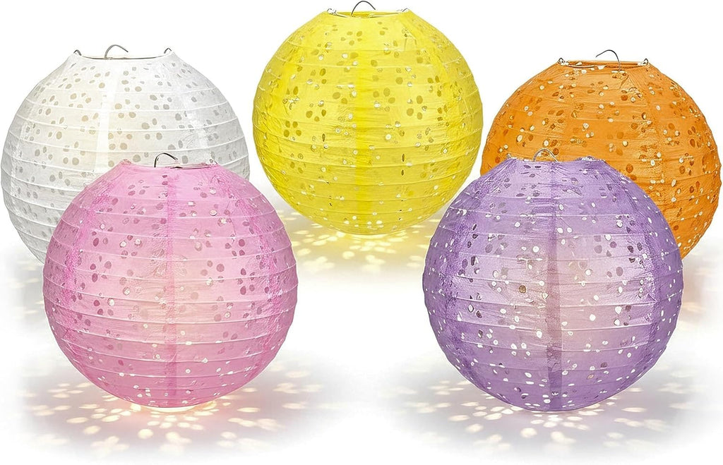 5Pack Paper Lanterns Chinese Japanese Hanging Paper Lanterns with LED Lights Sticks Tassels 8 Inch Round for Chinese Lunar New Year Party Decorations 2026 Spring Festival Wedding Asian Home Decor