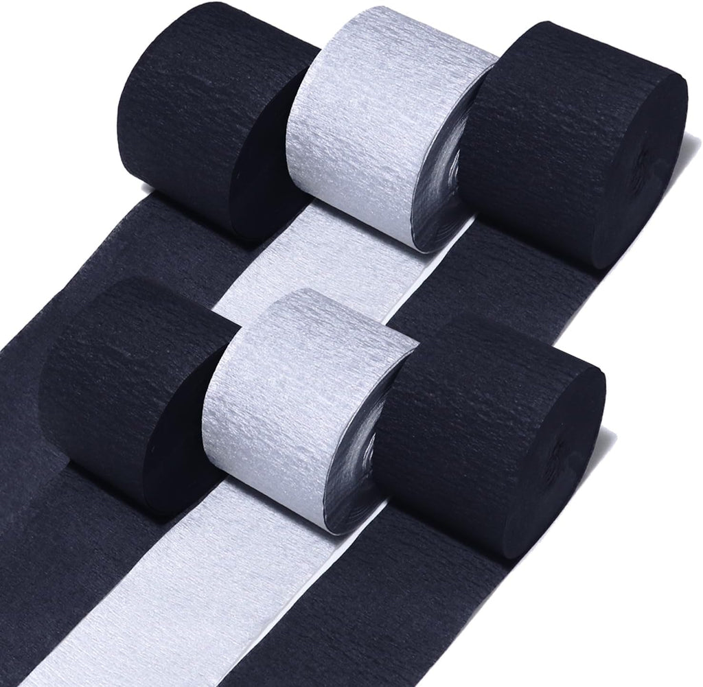 6 Silver Black Crepe Paper Streamers, 492ft Pack of Party Decorations