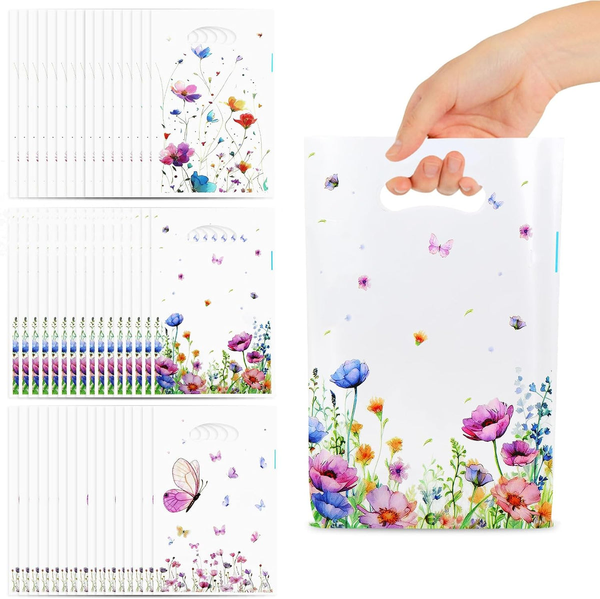 Wildflower Gift Bags, 100 Pcs Wildflower Party Favor Bags with Handles, Plastic Floral Goodie Candy Cookie Treat Bag for Wildflower Baby Shower Decorations Birthday Spring Party Favors Supplies