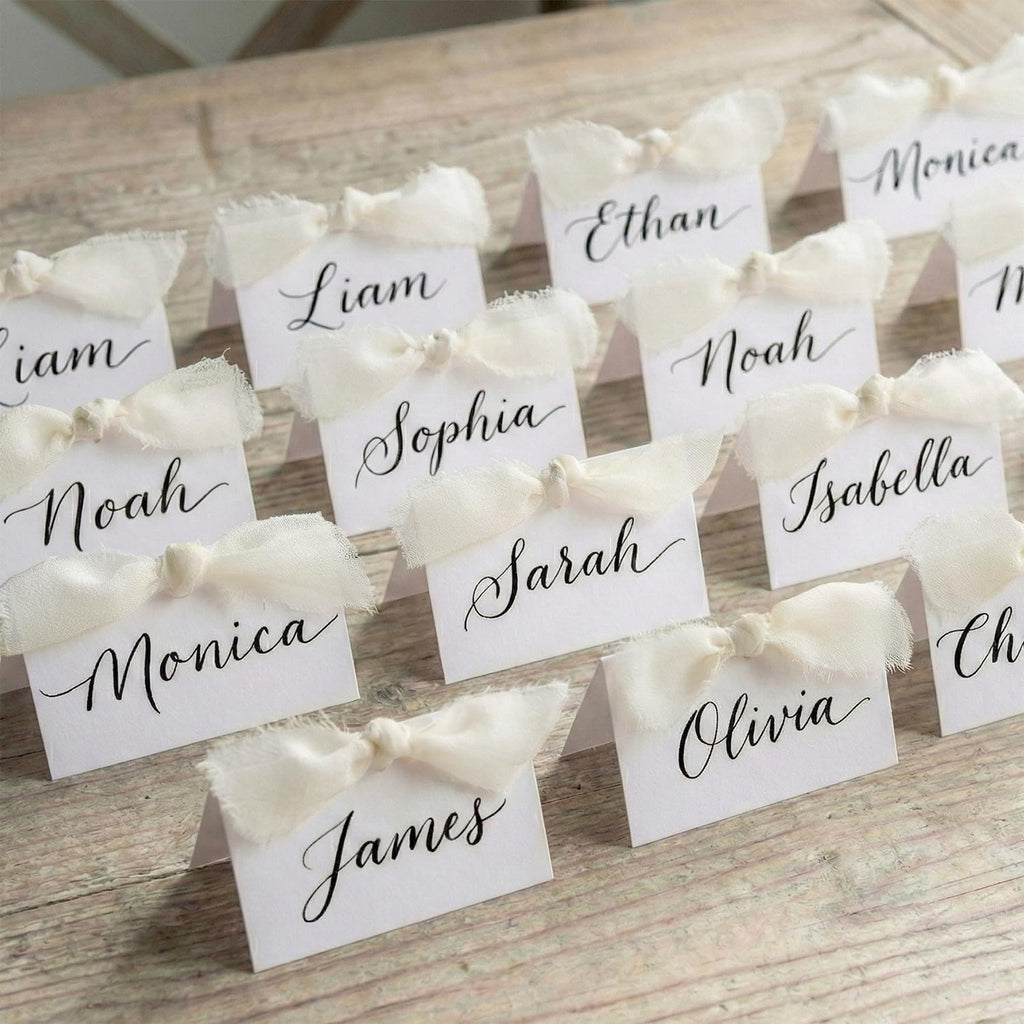 50Pcs Premium Place Cards, Small Table Cards with White Ribbon, 2" x 3.5" Tent Card, Name Card, Wedding Place Cards for Wedding, Valentines Day, Table, Dinner Parties, Seating Card