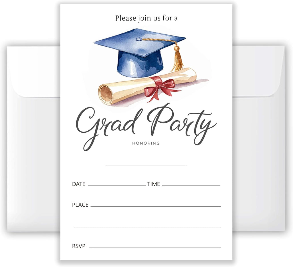 4x6 2026 Watercolor Grad Party Invitations (20 Cards + 20 Envelopes) - Blue Cap & Diploma Grad Celebration Invites.(015)