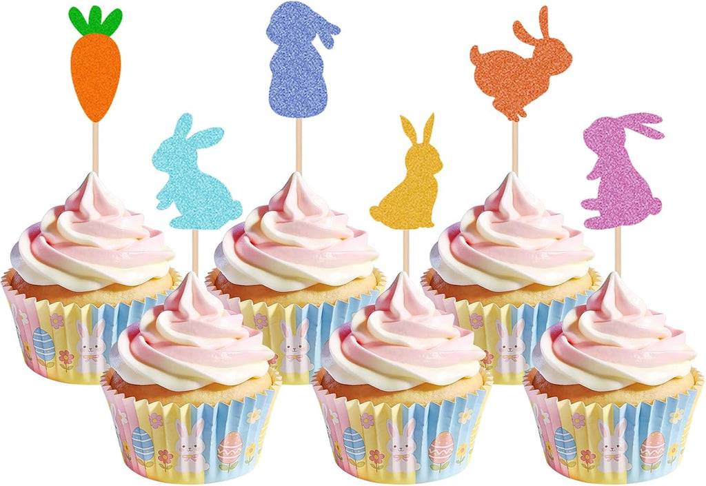 24Pcs Easter Cupcake Toppers, Glitter Bunny Carrot Cupcake Decorations