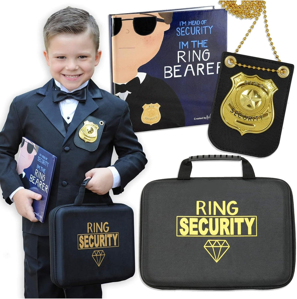 Tickle & Main Ring Bearer Proposal Gift Set - Youth S/M, Ages 4 & Up, Black Polyester - Includes Storybook, Leather Badge & Security Briefcase - Kids Ring Bearer Gifts