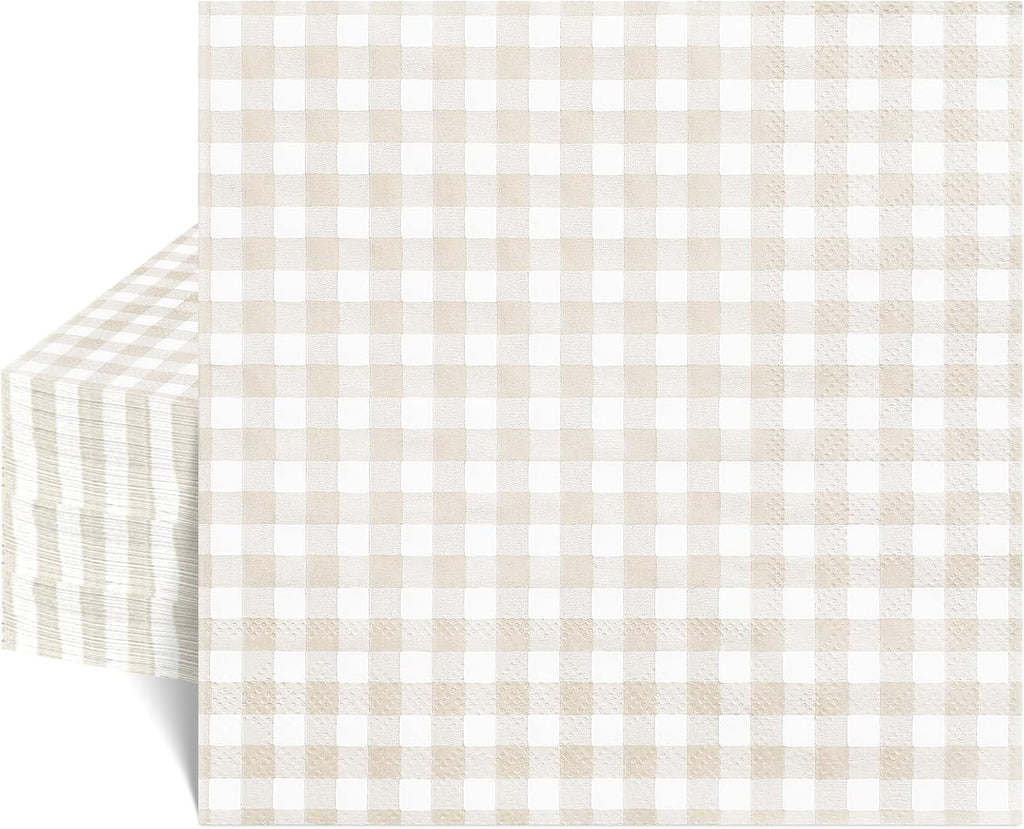 NatNarr 80 Pk Gingham Napkins Light Brown Napkins Tan Disposable, 6.5"