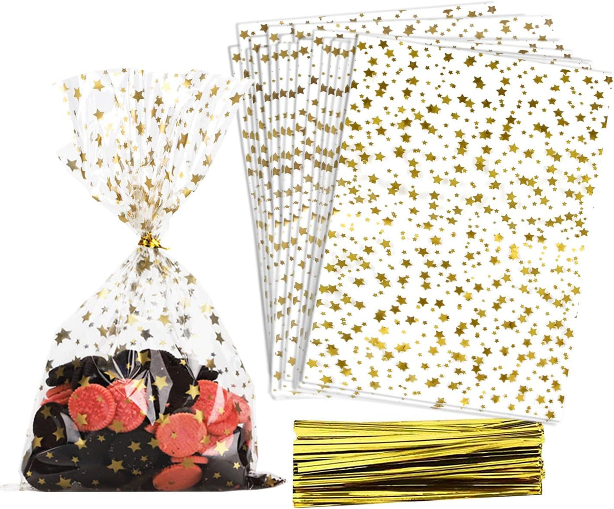100 Pcs Star Printed 4"X6" Gift Wrap Cello Cellophane Treat Bags Party Favor bags Clear Candy Cookie Bags Plastic Poly Goodie Storage Bags with Twist Ties for Bakery,Birthday, Wedding ,Party Decorations (Gold)