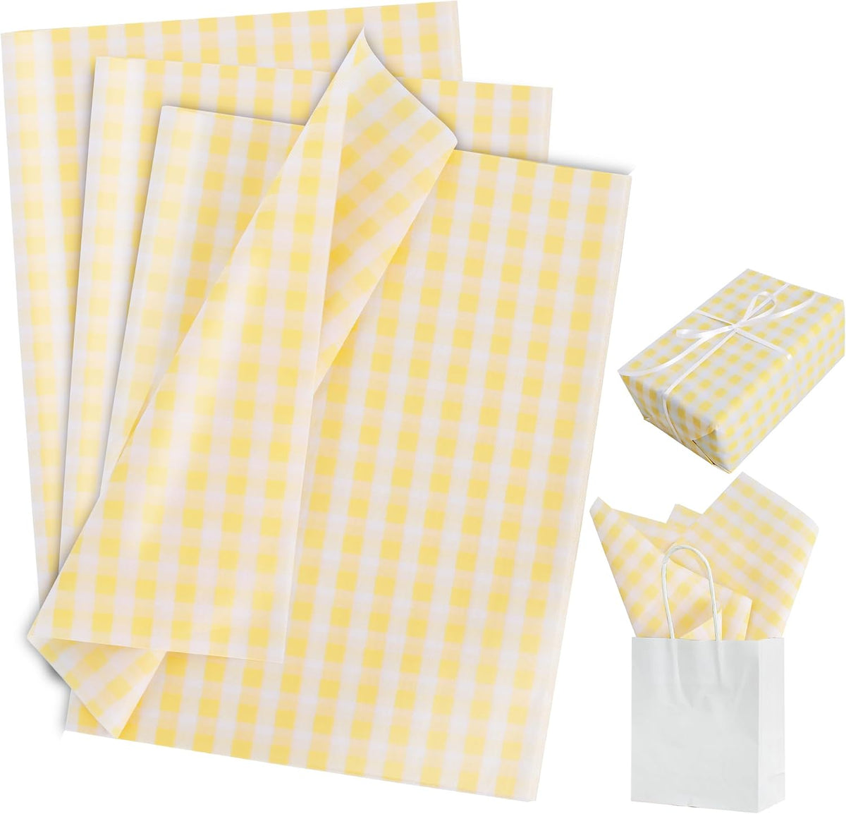 BEISHIDA Gingham Tissue Paper Bulk，Yellow and White Checkered Wrapping Tissue Paper for Gift Bags, 14 x 20 Inch Gift Wrap for Wedding Birthday Easter DIY Crafts Decor Holiday Flowers-50 Sheets