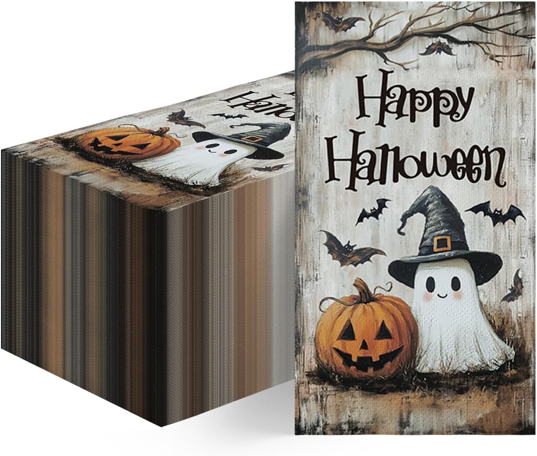 Horaldaily 50Pcs Halloween Paper Napkins, Ghost Happy Halloween