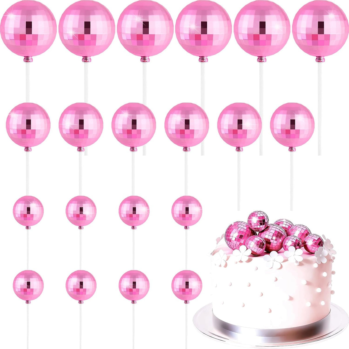 ASTARON 20 Pcs Pink Disco Balls Cake Topper Decorations for Birthday Cake