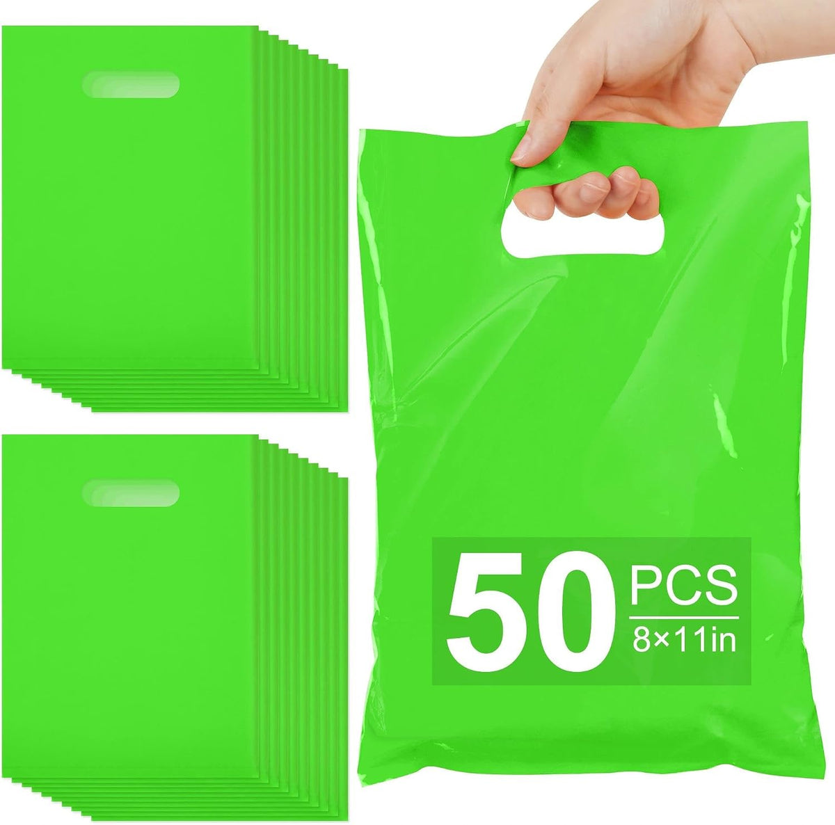 VieFantaisie 50 PCS Green Party Favor Bags, 8" x 11" Goodie Bags for Candy Treat Craft Easter Egg, Plastic Gift Bag with Die Cut Handles for Birthday Party, School Events & Small Business, Wedding
