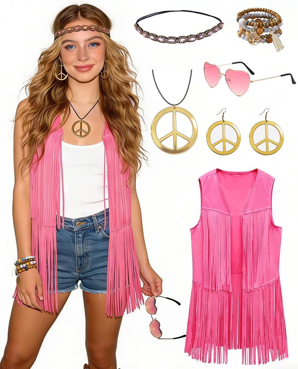 60s 70s Outfit for Women Hippie Costume Clothes Fringe Vest Accessories