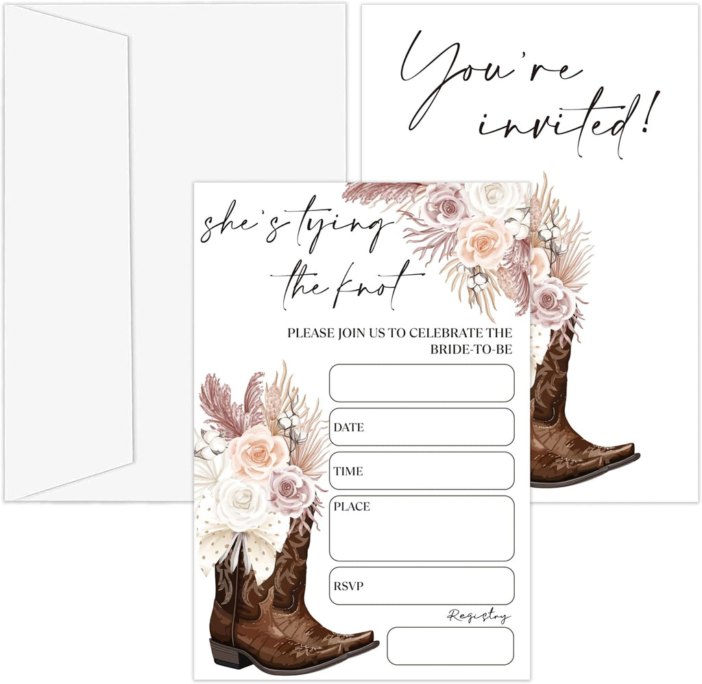 Bridal Shower Invitations, 25 Cowgirl Invites with Envelopes for Bridal Shower Reception Engagement Party, Country Floral Wedding Cards - D06