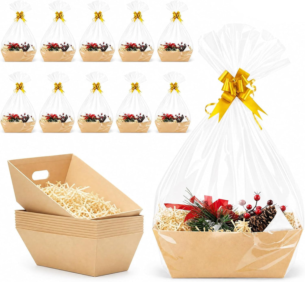 Bantna 10 PCS Empty Gift Basket Kit with 500g Crinkle Paper Filler, Gold Bows & Clear Plastic Bags, Sturdy, Easy to Assemble, Ideal for Holiday, Birthday, Wedding & All Gifting Occasions