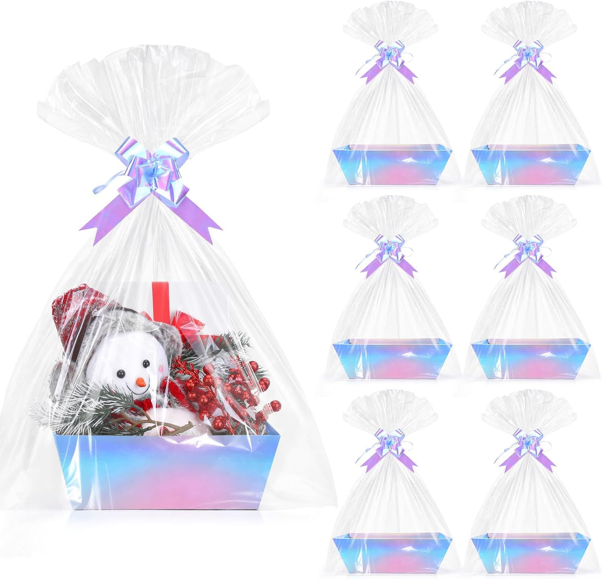 6PACK LaserBaskets For Gifts Empty, 10 x 8” bThick Kraft Gift Basket with 6Bows 6Bags Empty Gift Baskets for Christmas