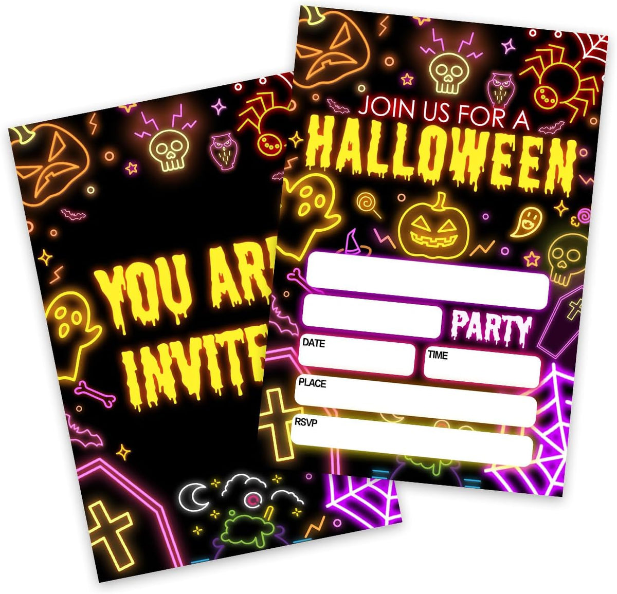 4" x 6" Laser Halloween Party Invitations – Neon Style with 25 Invitations with 25 Envelopes, Double-sided printing, Easy to write on, Perfect for Halloween Parties, Family Parties, and more. - A02