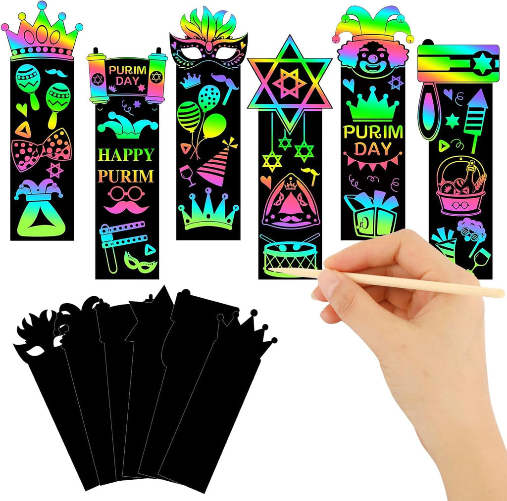 JUNEBRUSHS 30Pcs Purim Scratch Bookmarks for Students Classroom Activity