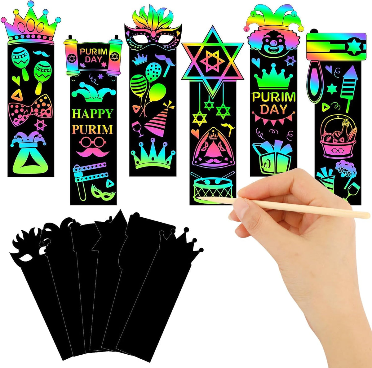 JUNEBRUSHS 30Pcs Purim Scratch Bookmarks for Students Classroom Activity