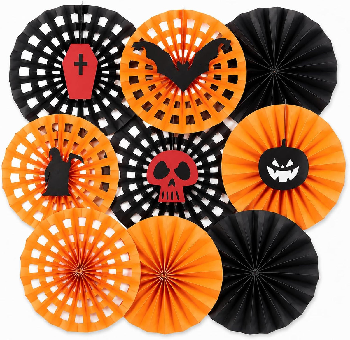 Honeycomb Round Paper Fans, 9Pcs Black Orange Halloween Party Decorations