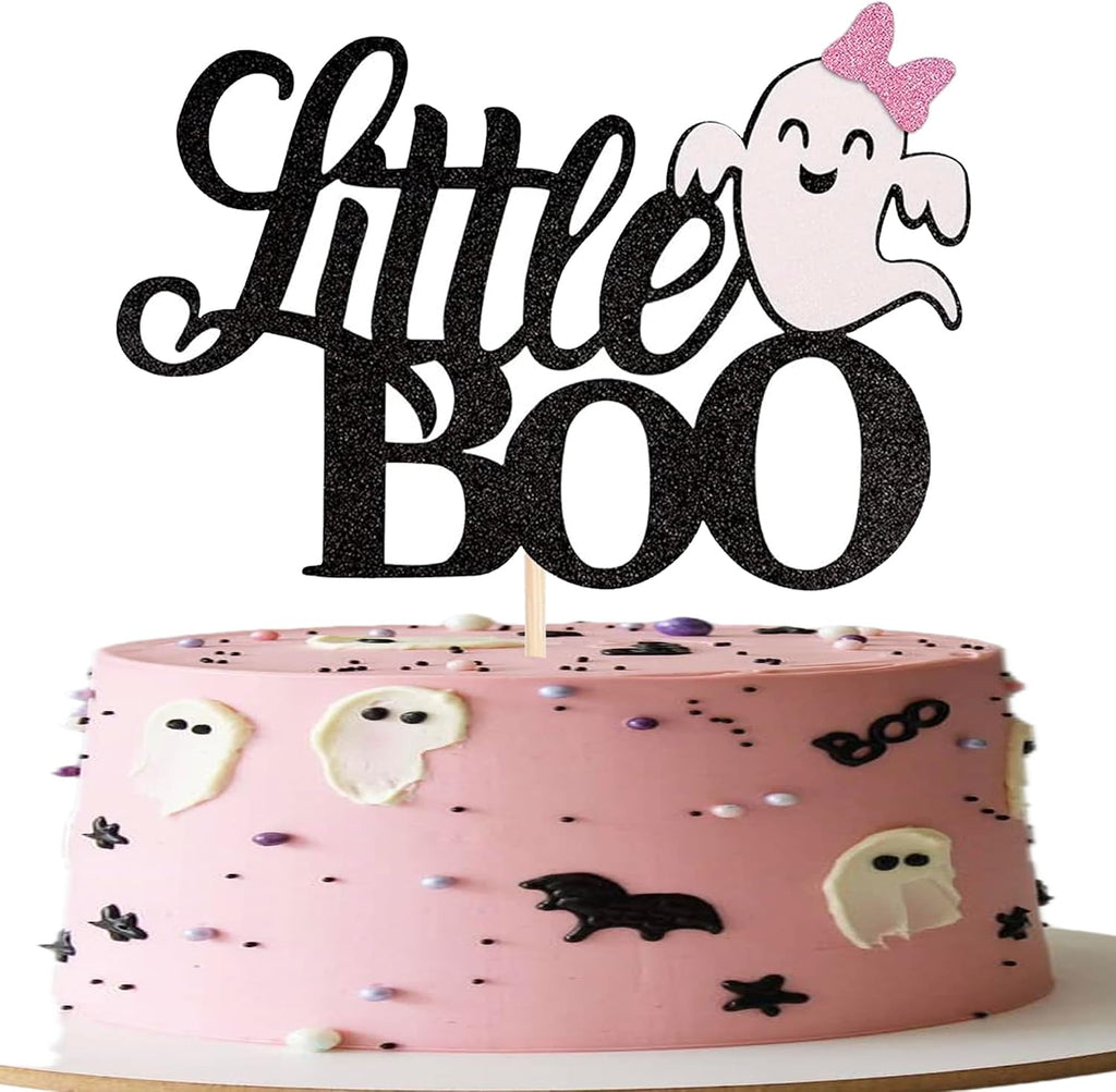 1 Pack Little Boo Halloween Cake Topper Glitter Happy Boo Day Ghost Cake Pick Baby Shower Kids Birthday Party Cupcake Decoration Supplies Black