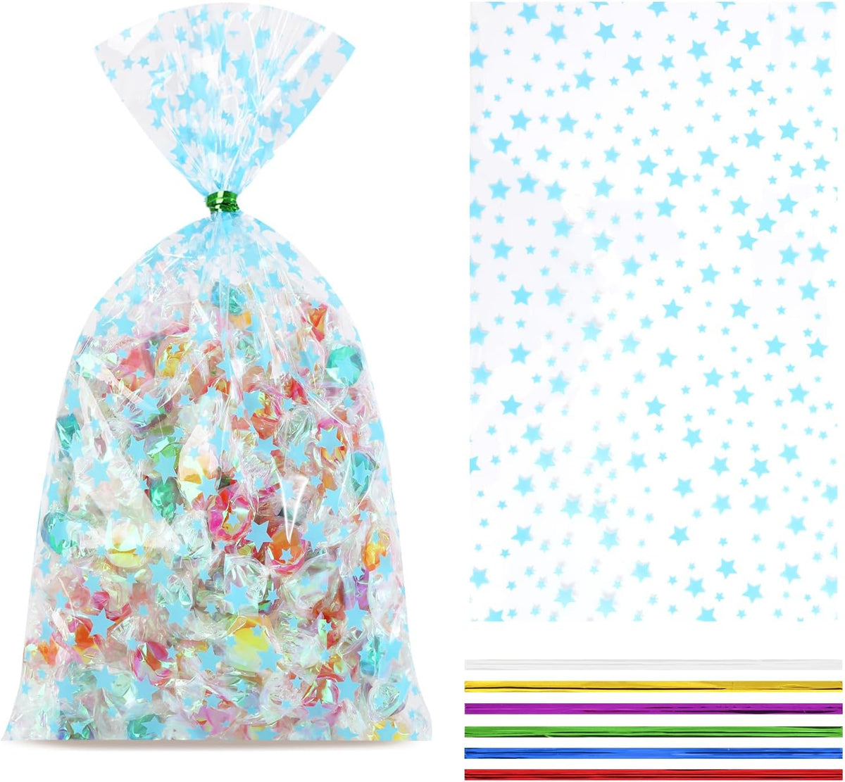 COQOFA 100 Pcs Blue Star 5"X11" Gift Wrap Cello Cellophane Treat Bags Clear Candy Cookie Plastic Poly Goodie Storage Bags with Twist Ties for Baby Shower, Gender Reveal, Birthday
