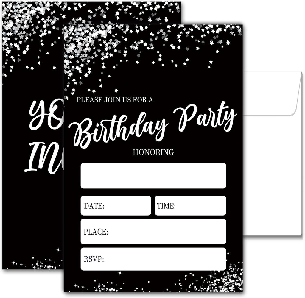 Minimalist Birthday Invitations, 20 Party Invitations with Envelopes For Birthday, Black Silver Invitations for Boys and Girls, Birthday Party Decorations Supplies