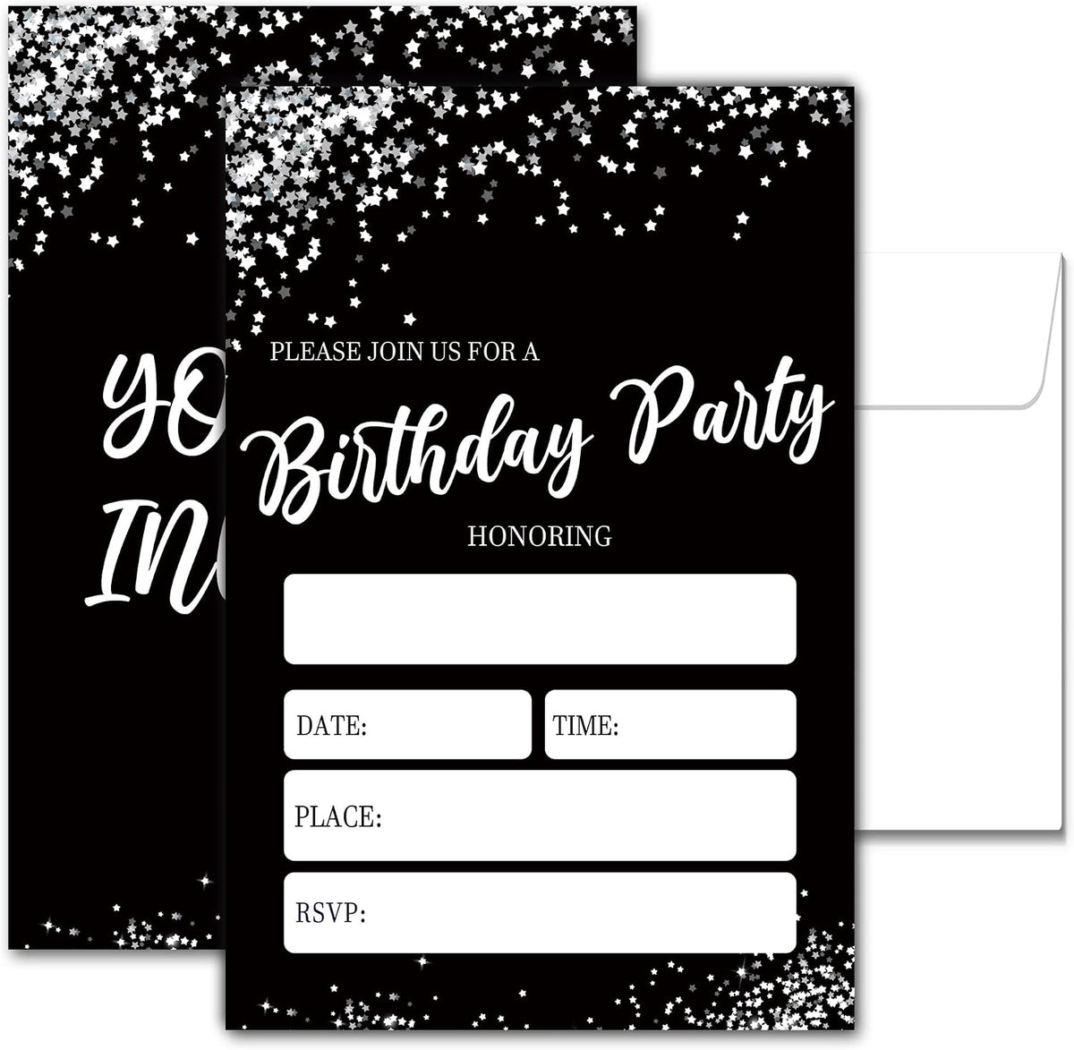 Minimalist Birthday Invitations, 20 Party Invitations with Envelopes For Birthday, Black Silver Invitations for Boys and Girls, Birthday Party Decorations Supplies