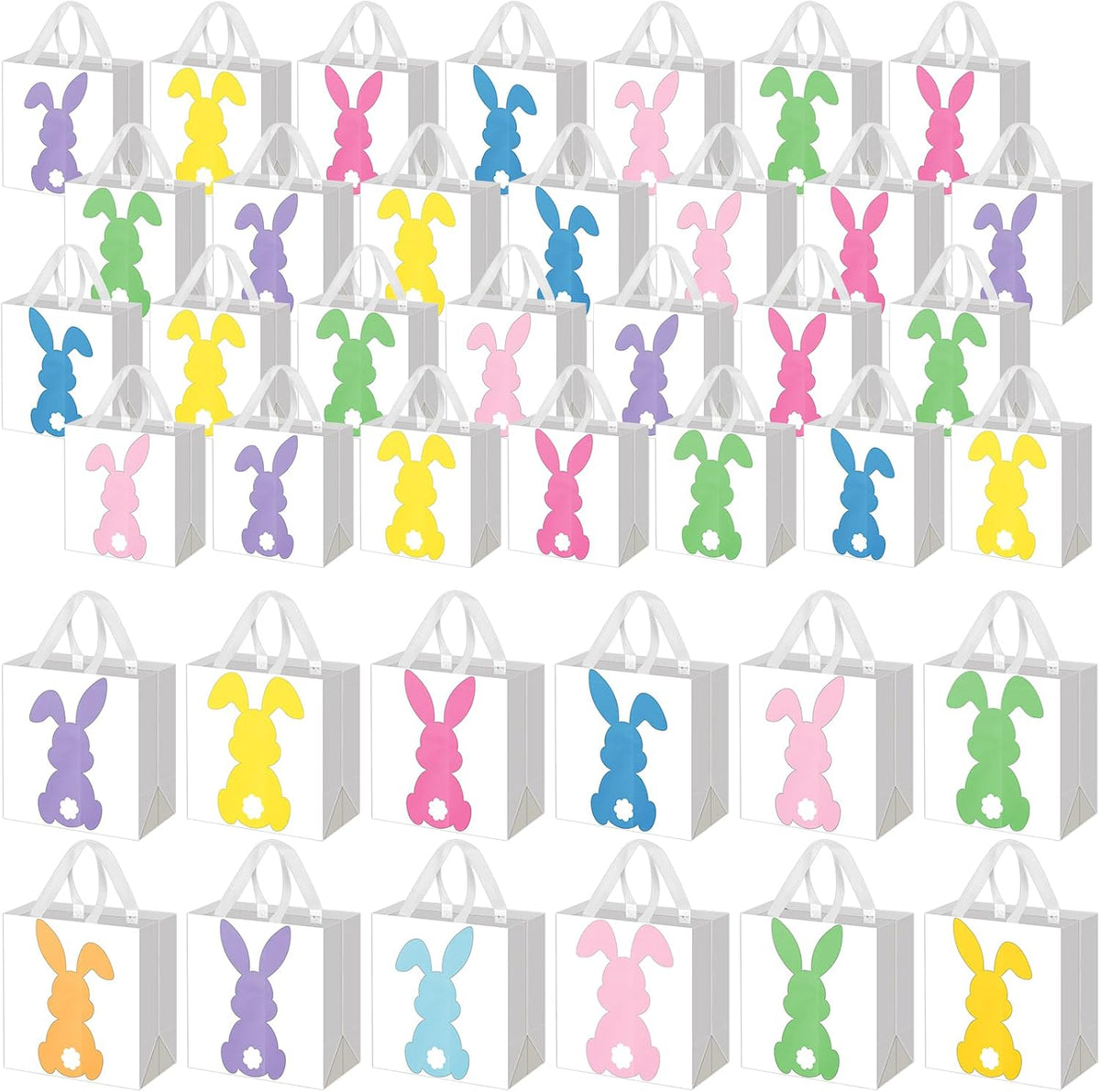 Wesnoy 48 Pcs Easter Gift Bag with Handle Bulk Non Woven Bunny Bags Reusable Easter Spring Bunny Tote Bag Rabbit Candy Basket Container for Gift Wrapping Egg Hunt Party Favor, 11.4 x 10.6 x 4.7 Inch