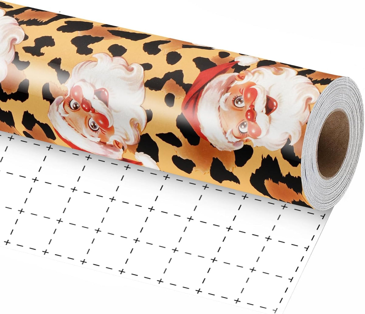 LaRibbons Christmas Santa Wrapping Paper, Vintage Santa on Cheetah Print