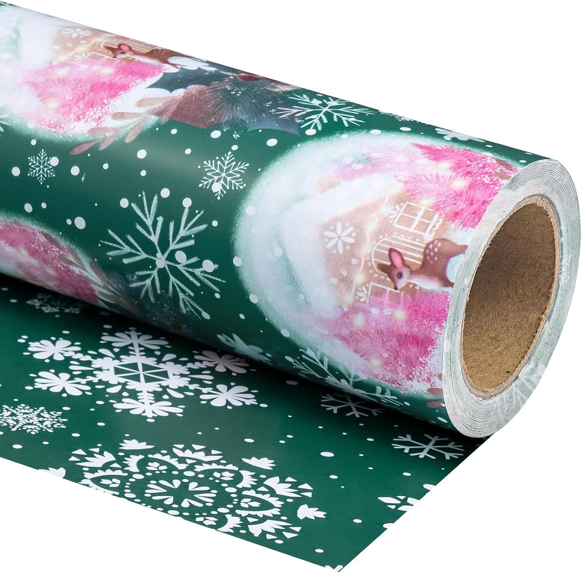 WRAPAHOLIC 30 Inch Jumbo Reversible Christmas Wrapping Paper - 30 Inch x 100 Feet Jumbo Roll Green and Pink Elk Snow Globe and Snowflake Design for Christmas, Holiday