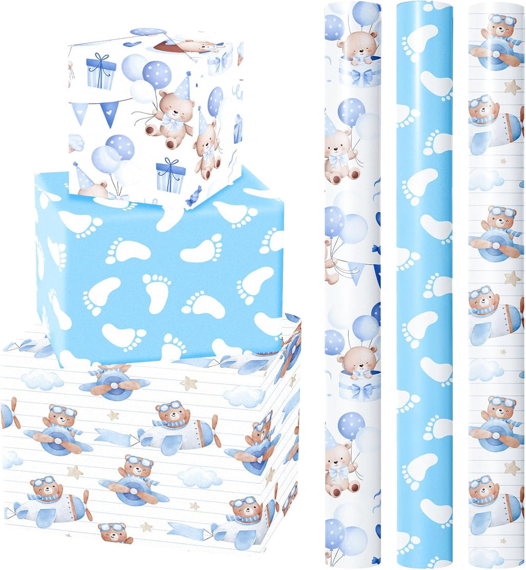 WRAPAHOLIC Bear Baby Shower Wrapping Paper - Mini Roll - 3 Rolls - 17 Inch x 120 Inch - Adventure Bear in Airplane and Party Design for Baby Shower, Boy Birthday