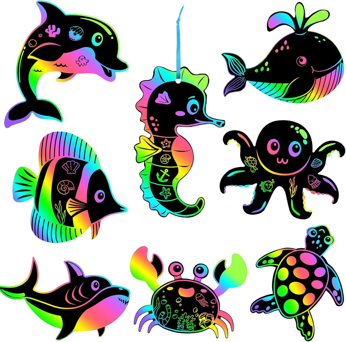 JULMELON 36 Pcs Ocean Crafts for Kids, Rainbow Scratch Art Party Favors