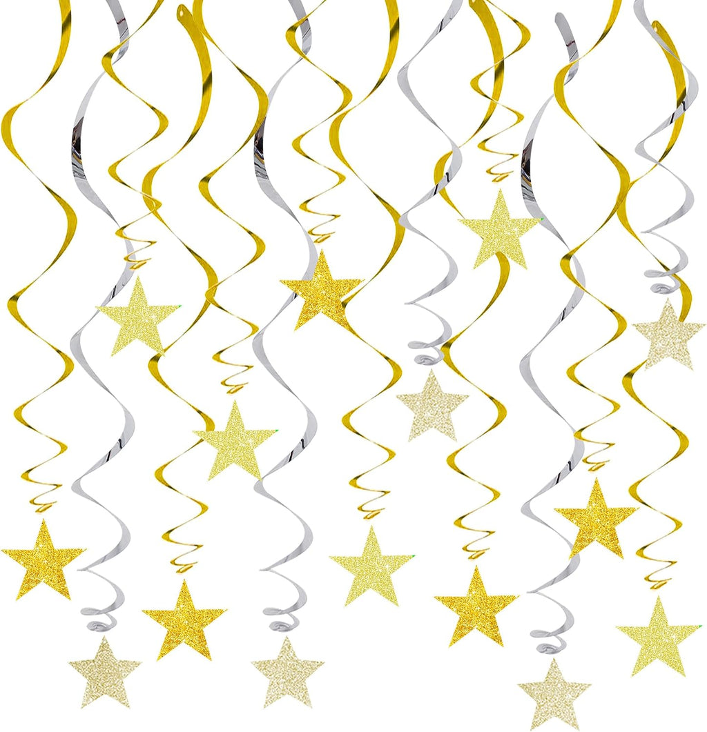 BEISHIDA Gold Glitter Stars Hanging Swirls Pre-Strung Hanging Ornament Decorations for Wedding Anniversary Retirement Graduation New Year Birthday Party Decorations,Pack of 15