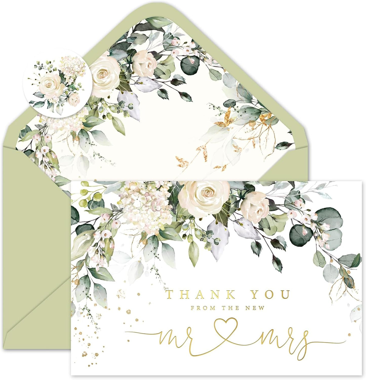 Whaline 24 Pack Wedding Thank You Cards Eucalyptus Leaves Greeting Card From the New Mr & Mrs Floral Blank Note Cards with Envelope Sticker for Bridal Shower