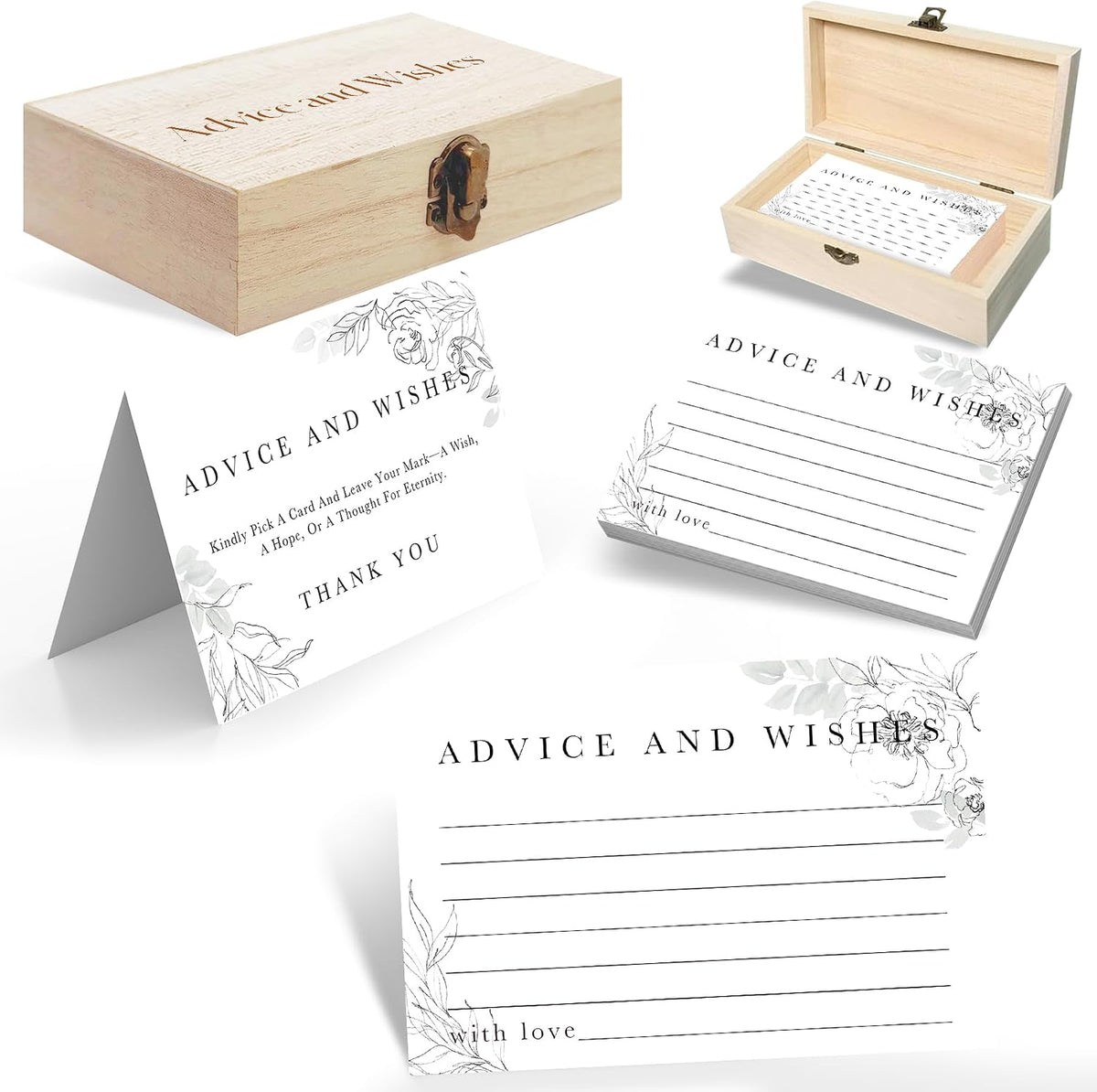 Advice & Wishes Cards Box - Elegant Floral Keepsake for Wedding, Baby Shower, Retirement - 60 Cards + Wooden Box & Stand