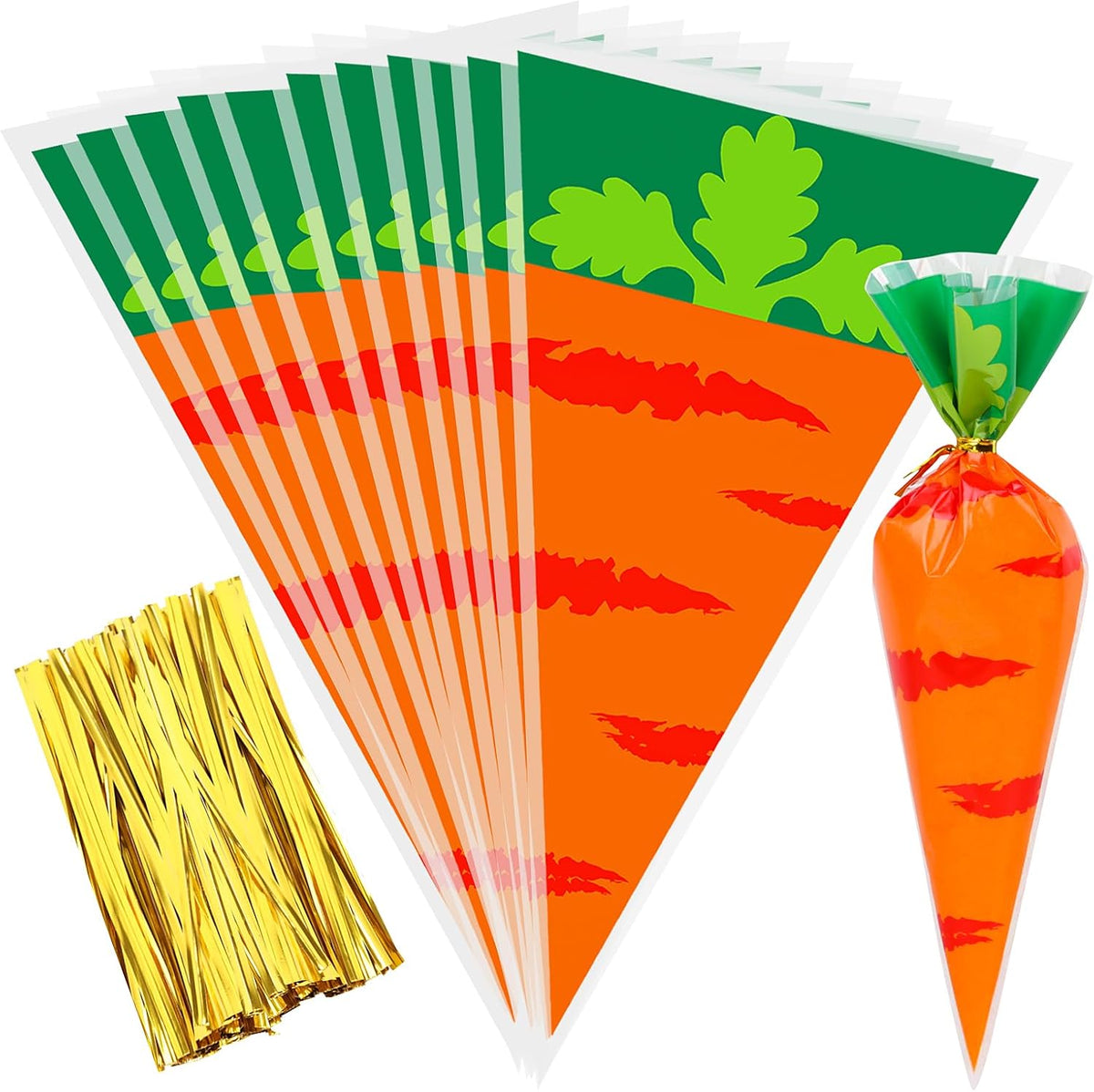 FOIMAS 120pcs Easter Cellophane Treat Bags,Carrot Shaped Candy Goodie Bags Cookie Bag for Easter Party Decoration Supply
