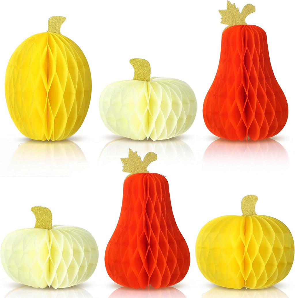 Fourluoo 6 Pcs Fall Table Centerpiece Pumpkin Decorations 3D Paper Pumpkin Honeycomb Standing for Autumn Harvest Party Kitchen Tabletop Home Decor