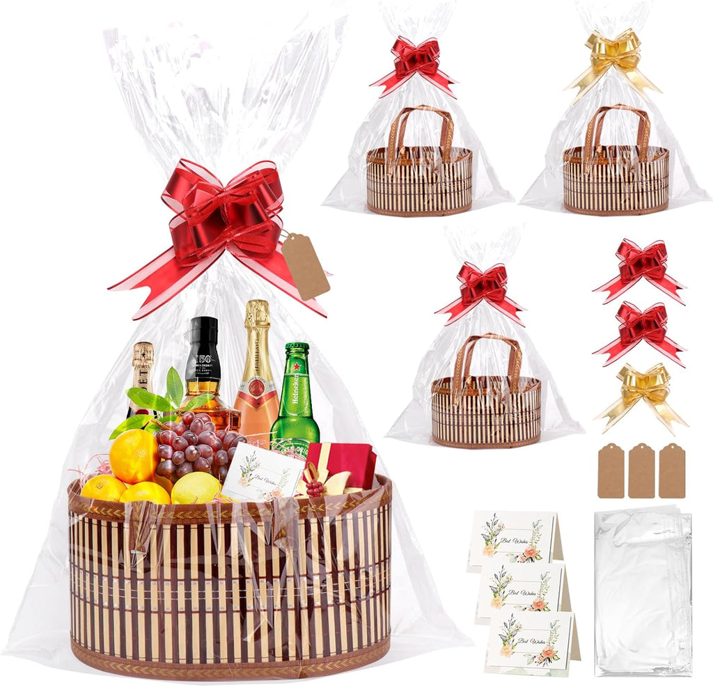 Dreamtop 3 Set Baskets for Gifts Empty, Woven Bamboo Gift Basket Empty Large with Handles, Sturdy Gift Basket Kit Empty to Fill for Christmas Birthday Baby Shower Wedding Gift (Brown)