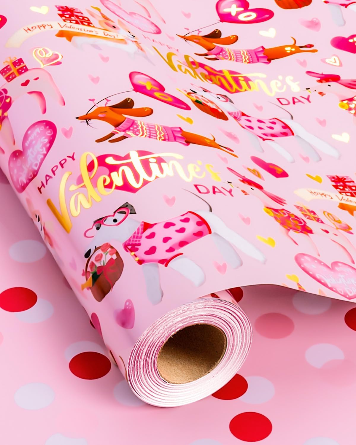 MAYPLUSS Valentines Day Wrapping Paper, Pink Heart Wrap Paper Cute Dog Gift Wrapping Roll for Girl Anniversaries Romantic Celebration, 17IN X 33FT