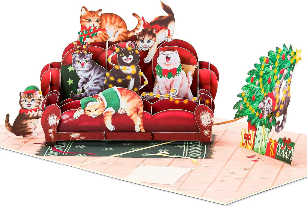 POPWOW Christmas Sofa Cats Pop Up Card, Meowy Christmas, Xmas Tree, 3D Greeting Card, Gift for Cat Person, Kid, Boy, Girl, Sister, Brother, 5x7 - Includes Envelope And Message Note