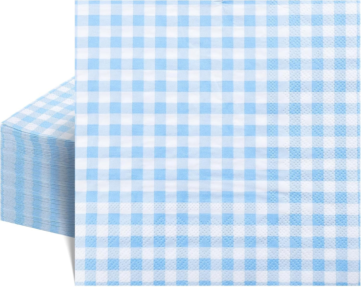NatNarr 80 Pk Gingham Napkins Light Blue Napkins Disposable, 6.5"