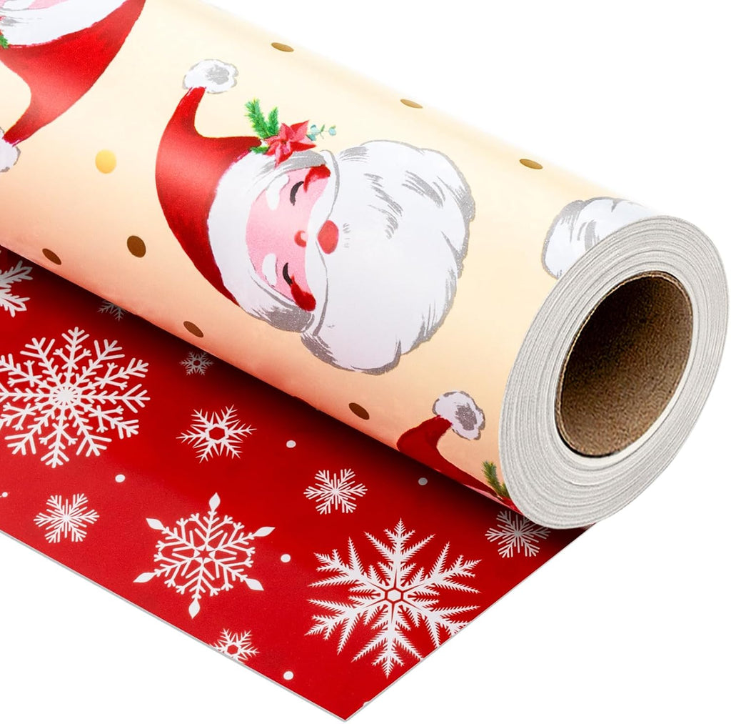 Yarcony Reversible Christmas Wrapping Paper, Santa Wrapping Paper, Cute Vintage Beige Santa Claus, Gold Dot and Snowflake Pattern Christmas Gift Wrap for Winter Holiday (Mini Roll, 17 Inch X 33 Feet)