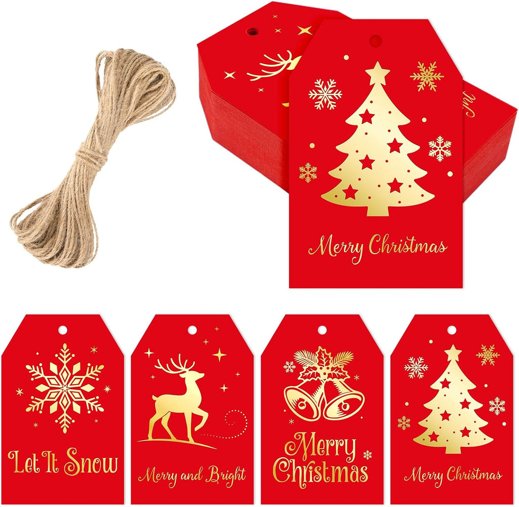 joycraft 60Pcs Christmas Gift Tags, 4 Styles Red Gold Foil Holiday Tree Tag