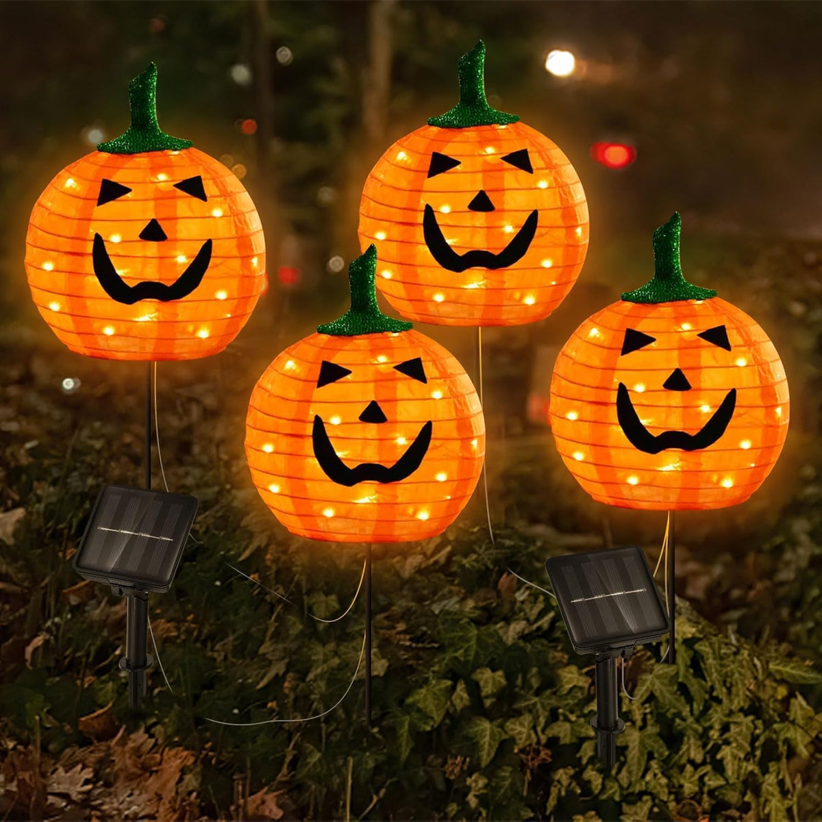 Solar Halloween Pumpkin Lights, 4 Pack Outdoor Pathway Stake Lights