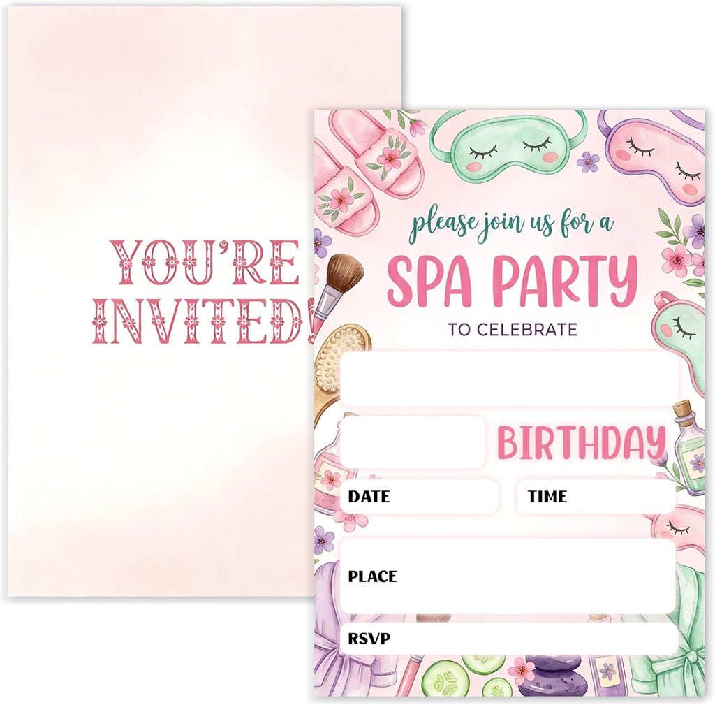 Spa Party Birthday Invitation Girl, Pamper Double-Sided Fill In Style Invites with Envelopes for Birthday, Glam Party Invitation For Girls, Teens, Bday Party Favor & Decoration