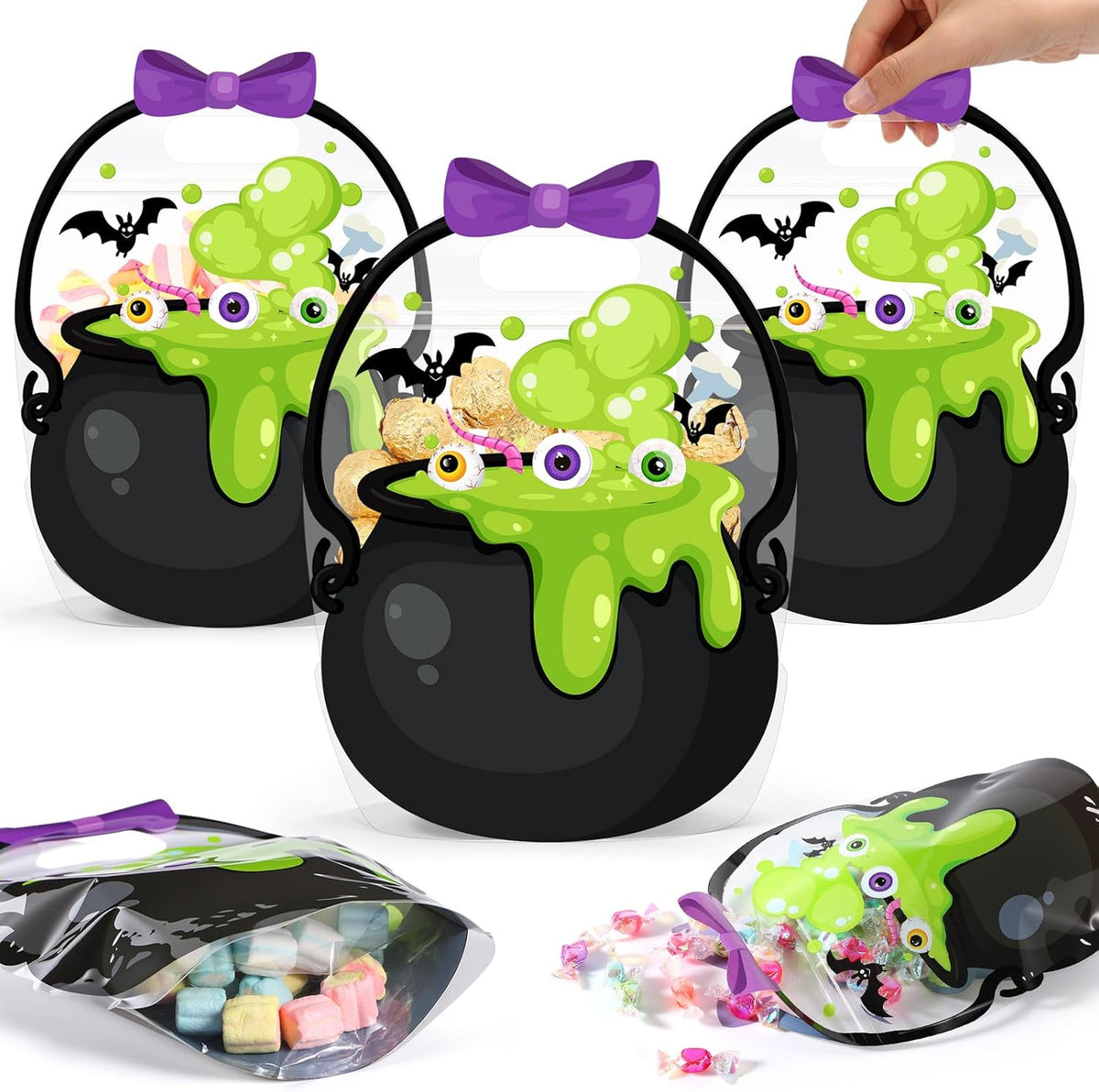 Fuutreo 25 Pcs Halloween Treat Bags with Handles, Cauldron Plastic