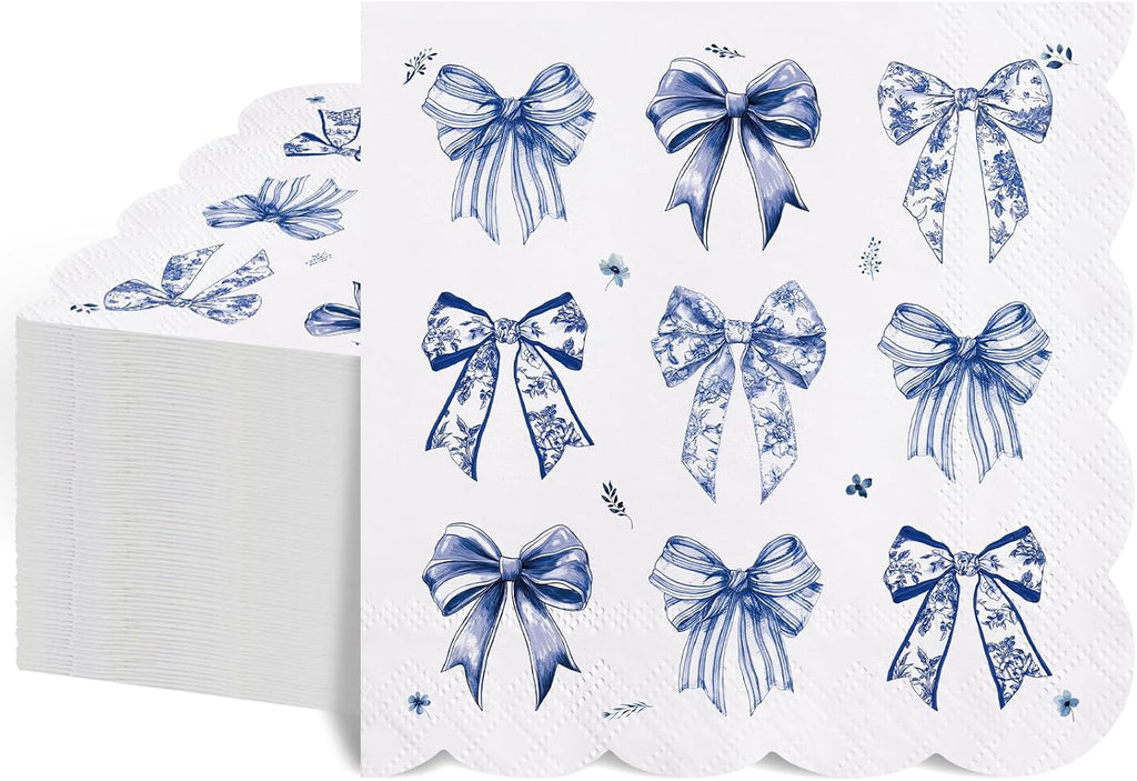 NatNarr 100 Pk Blue Bow Cocktail Napkins, 5" Scalloped Decoupage Napkins